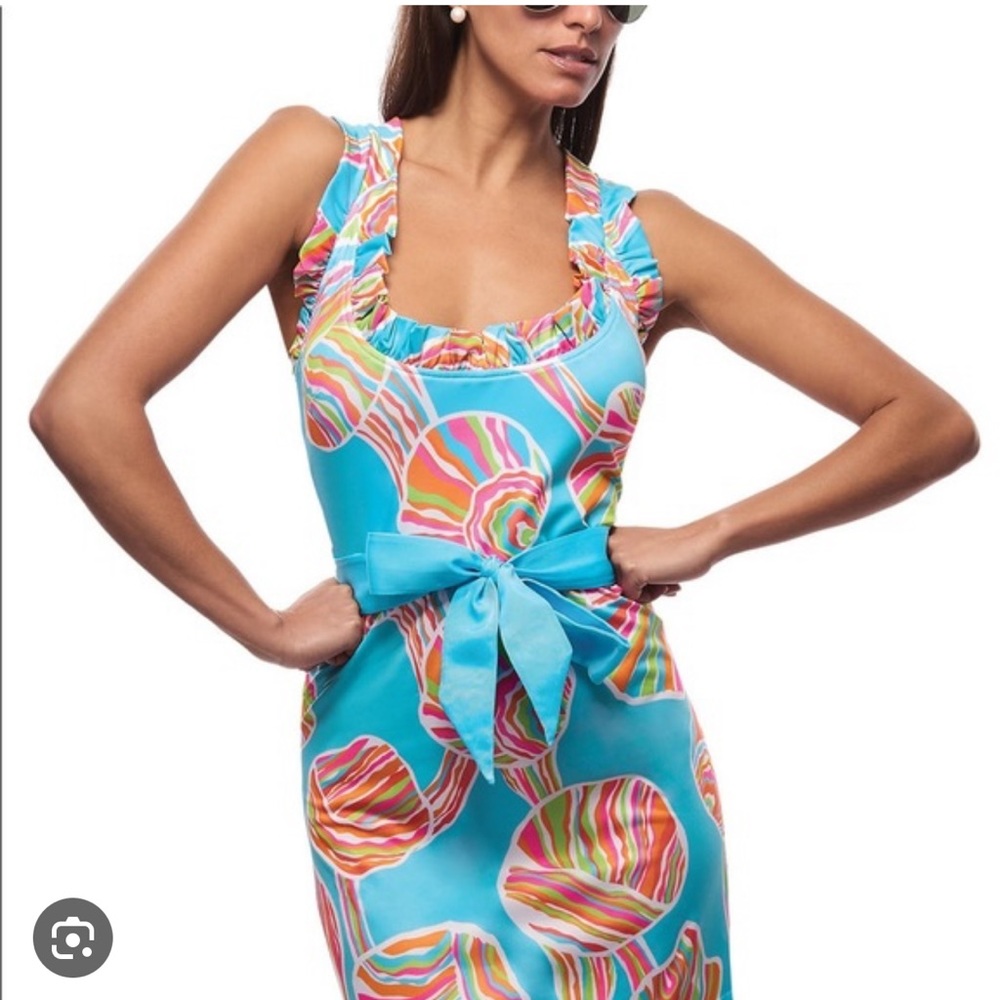 Gretchen Scott Designs Turquoise Multi-Print Ruffle Midi Dress with Bow